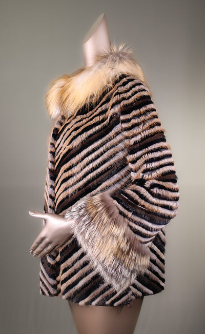 Chevron-Ribbed Mink and Chinchilla REX Rabbit Cape with Golden Isle Fox