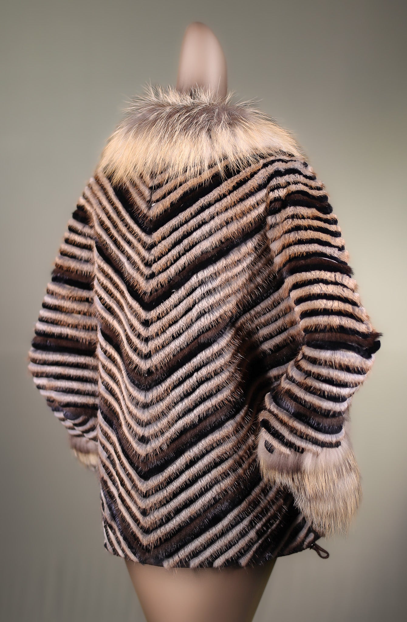 Chevron-Ribbed Mink and Chinchilla REX Rabbit Cape with Golden Isle Fox