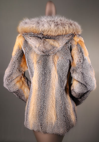 Natural Full-Skin American Grey Fox Hooded Jacket