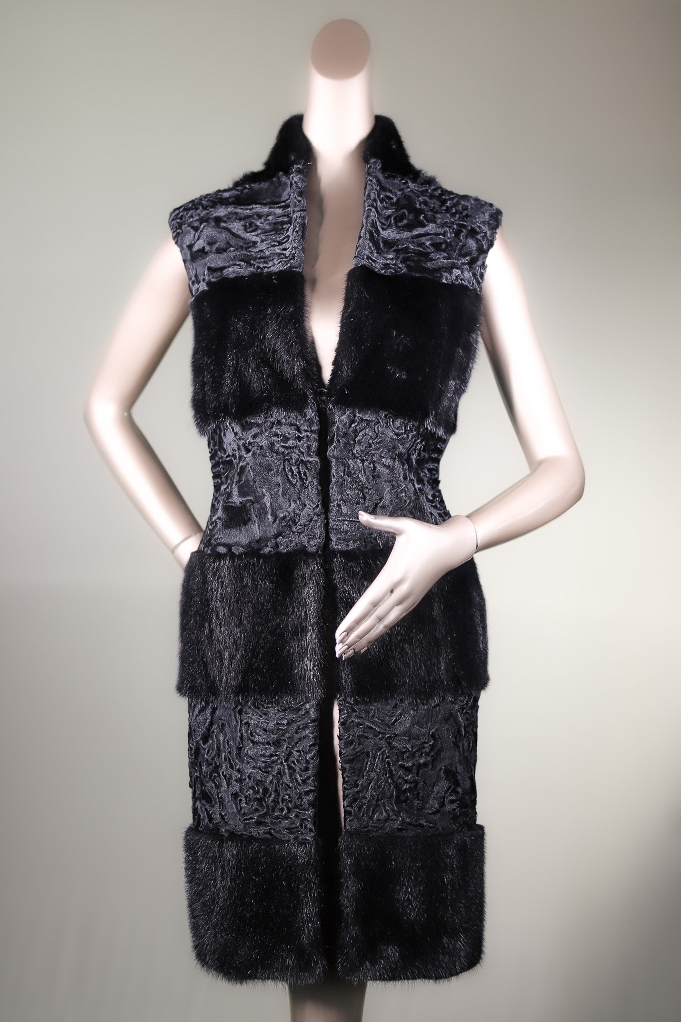 Long Cashmere Vest with Persian Lamb and Mink Cross-Cut Panels