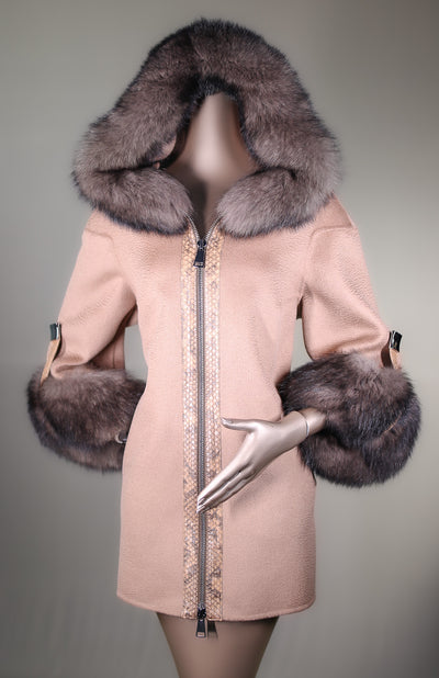 Italian Virgin Alpaca Wool Hooded Jacket with Fox Ruff and Cuffs
