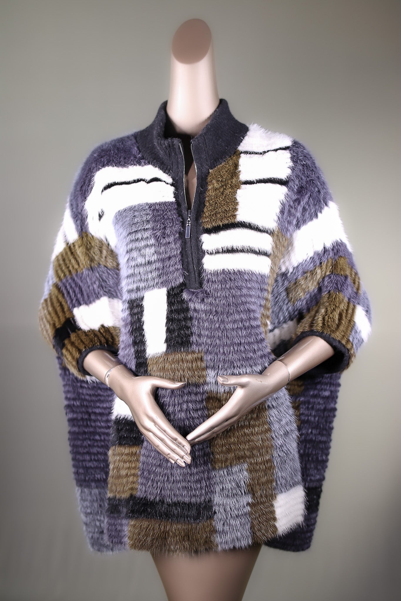 Multi-Contrasting Ribbed Mink and Wool Poncho