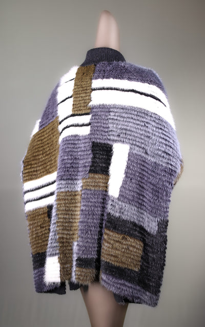 Multi-Contrasting Ribbed Mink and Wool Poncho