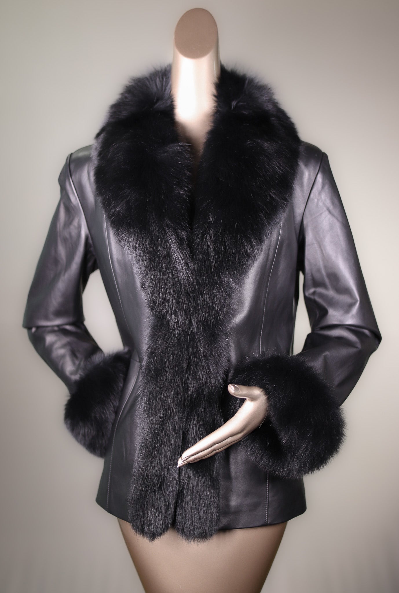 Italian Lamb Leather Jacket with Crystal Fox Tuxedo and Cuffs