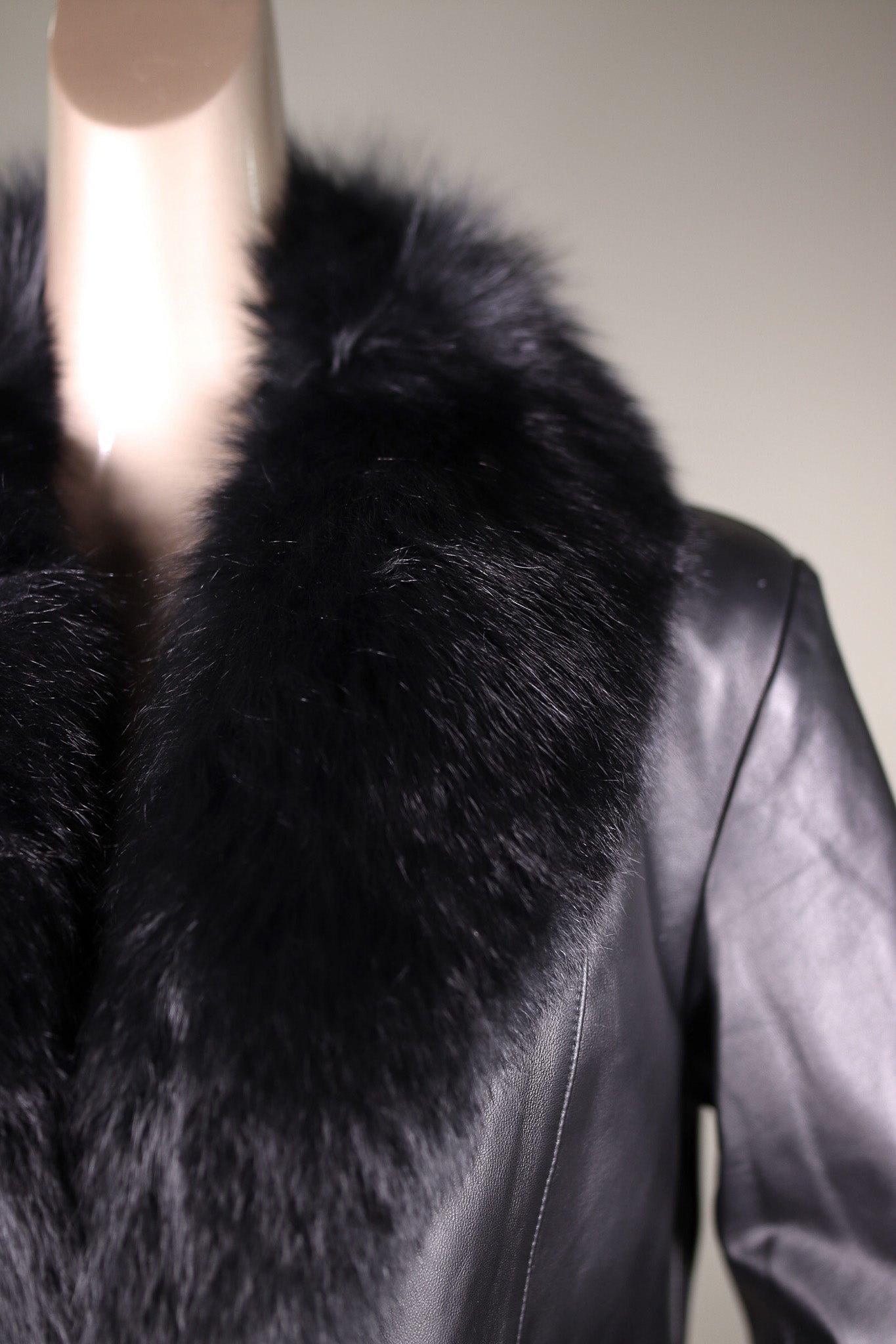 Italian Lamb Leather Jacket with Crystal Fox Tuxedo and Cuffs