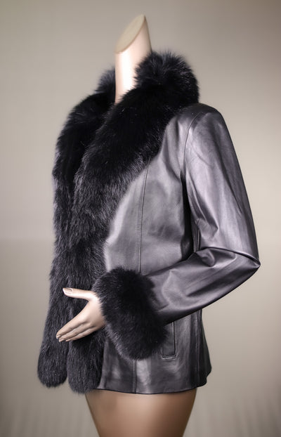 Italian Lamb Leather Jacket with Crystal Fox Tuxedo and Cuffs