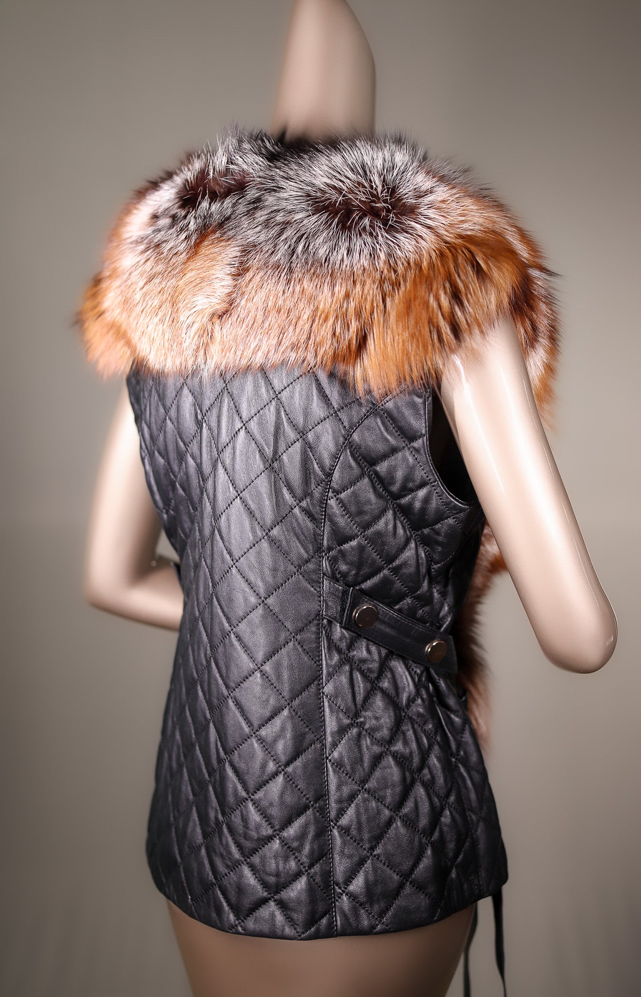 Quilted Italian Lamb Leather Vest with Over-Sized Fox Tuxedo Collar