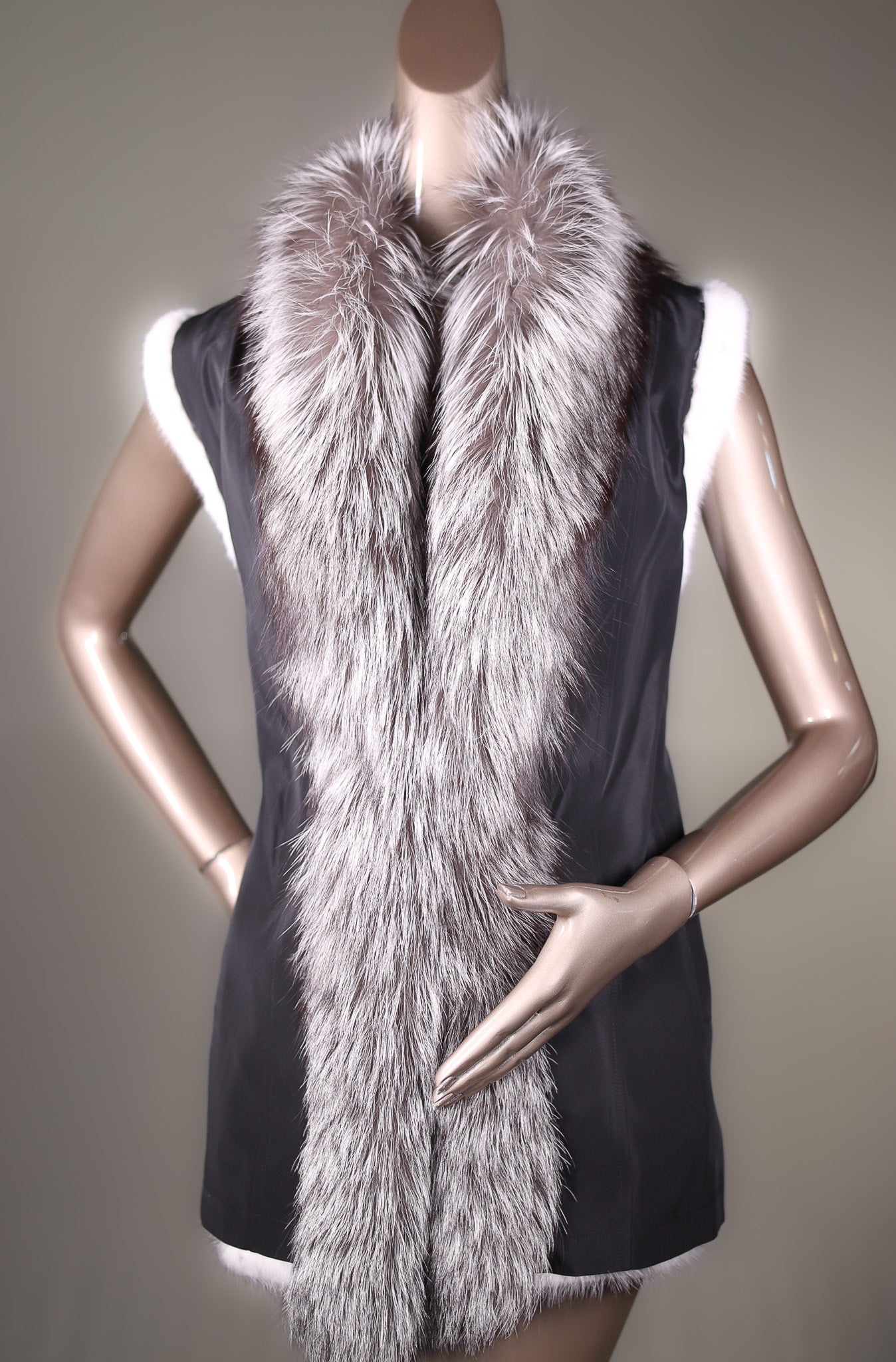 Full-Skin Black Cross Mink Vest Reversible to Taffeta Rainwear with Silver Fox Tuxedo