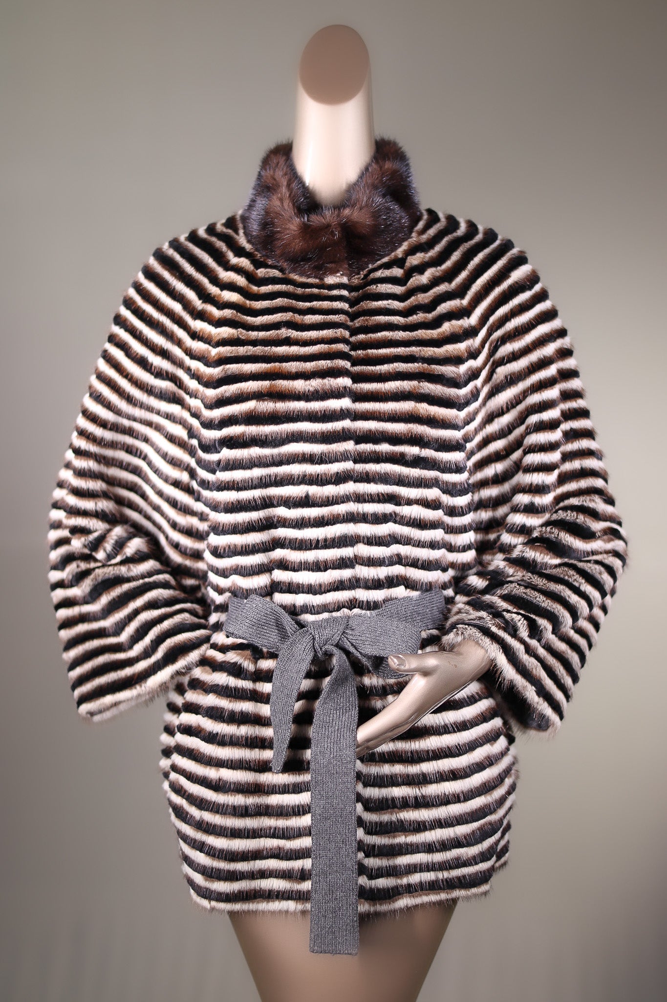 Ribbed Mink and Chinchilla Rex Rabbit Belted Cape