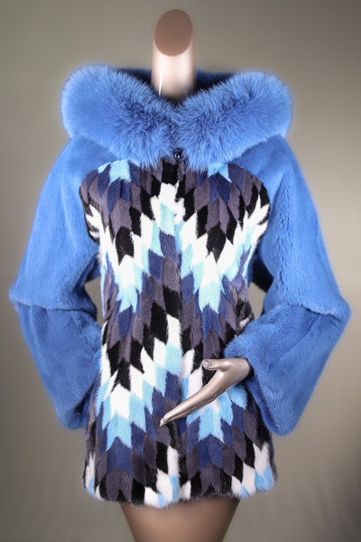 Multi-Colored Diamond Patterned Mink Parka with Fox Ruff