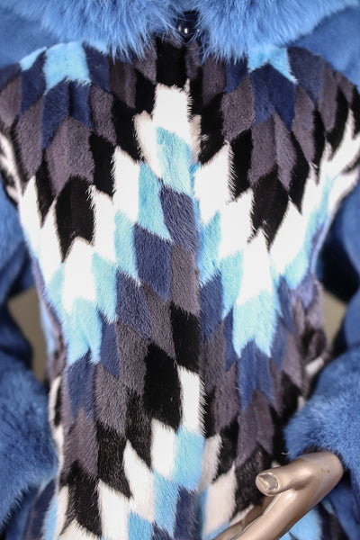 Multi-Colored Diamond Patterned Mink Parka with Fox Ruff