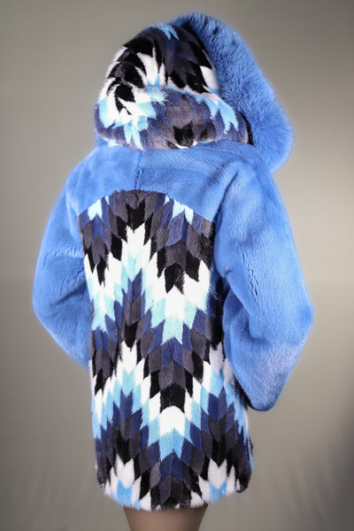 Multi-Colored Diamond Patterned Mink Parka with Fox Ruff