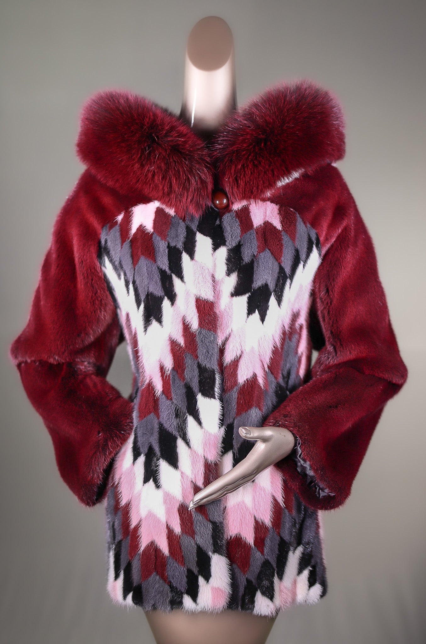 Multi-Colored Diamond Patterned Mink Parka with Fox Ruff