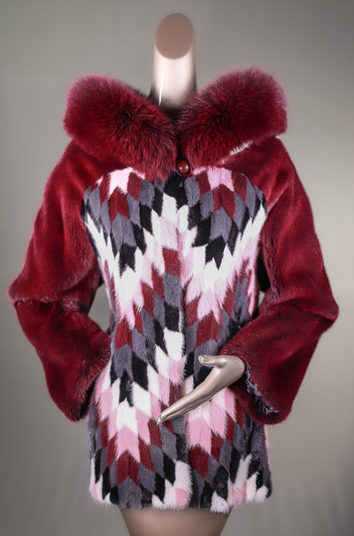 Multi-Colored Diamond Patterned Mink Parka with Fox Ruff