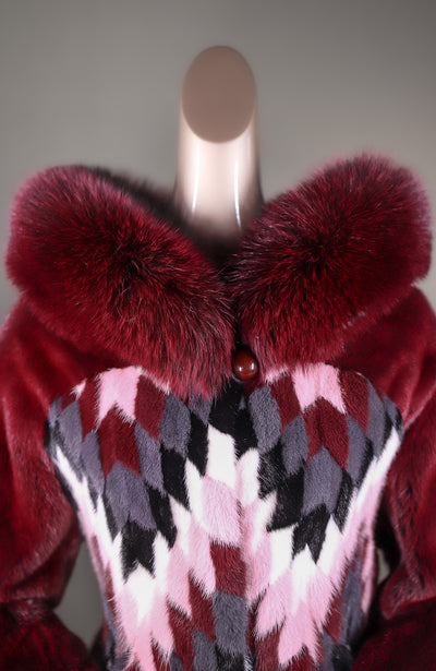Multi-Colored Diamond Patterned Mink Parka with Fox Ruff