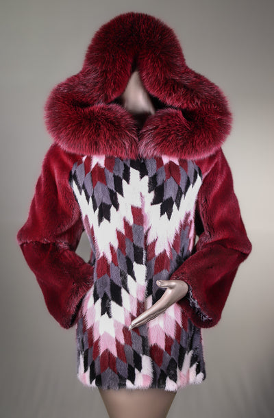Multi-Colored Diamond Patterned Mink Parka with Fox Ruff