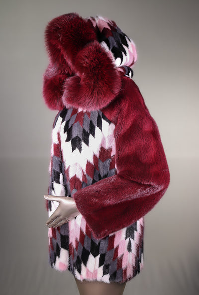 Multi-Colored Diamond Patterned Mink Parka with Fox Ruff