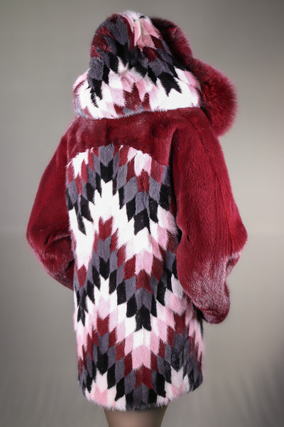 Multi-Colored Diamond Patterned Mink Parka with Fox Ruff