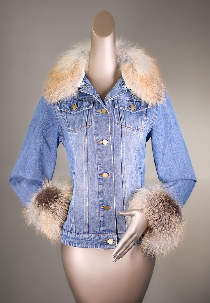 Denim Jacket with Golden Isle Fox Collar and Cuffs – Alaska Fur