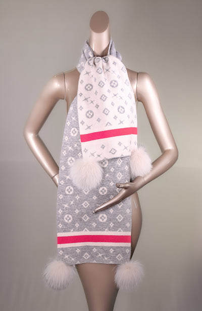 Two-Tone Louis Vuitton-Inspired Wool Scarf with Fox Pom-Pom