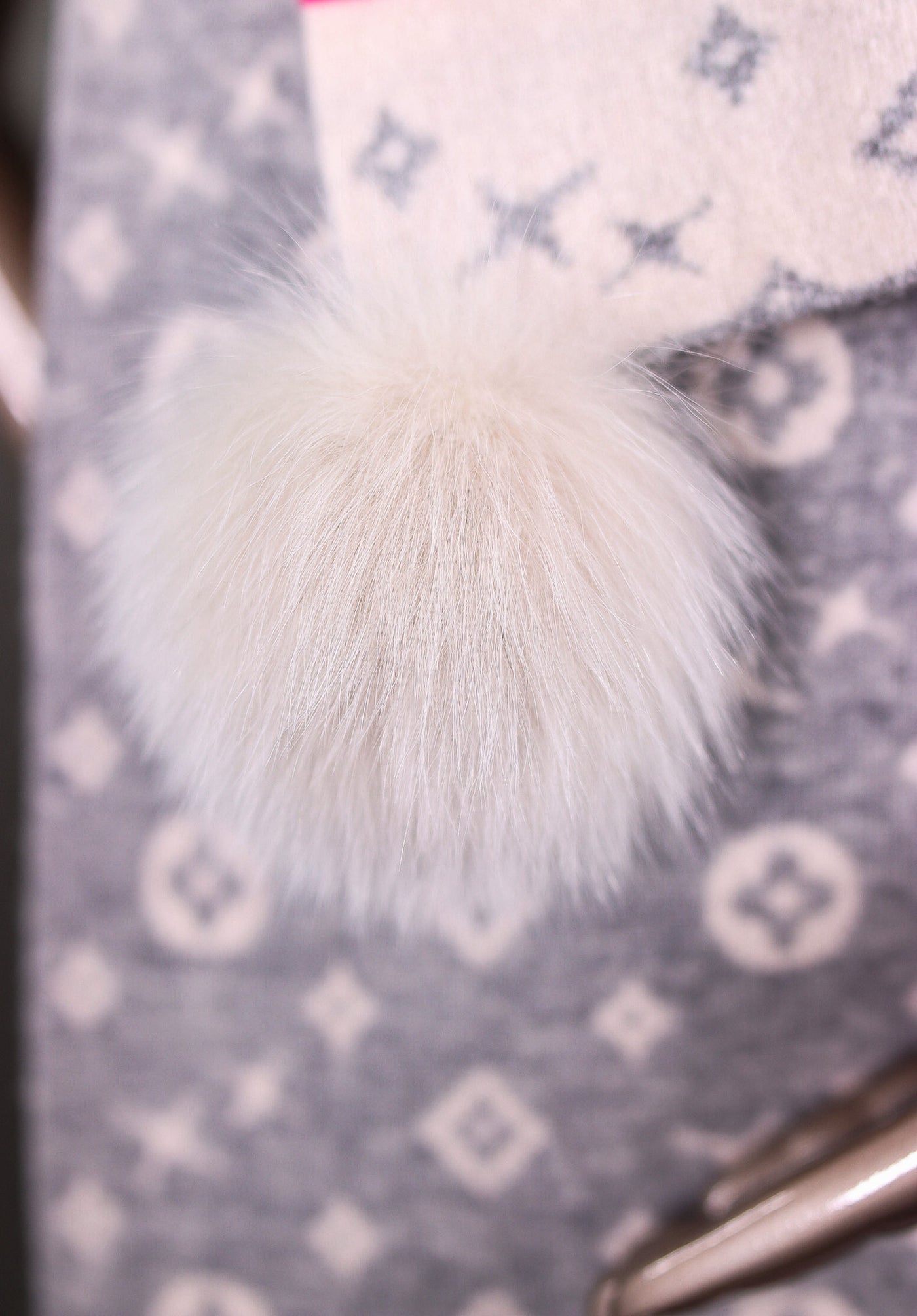 Two-Tone Louis Vuitton-Inspired Wool Scarf with Fox Pom-Pom