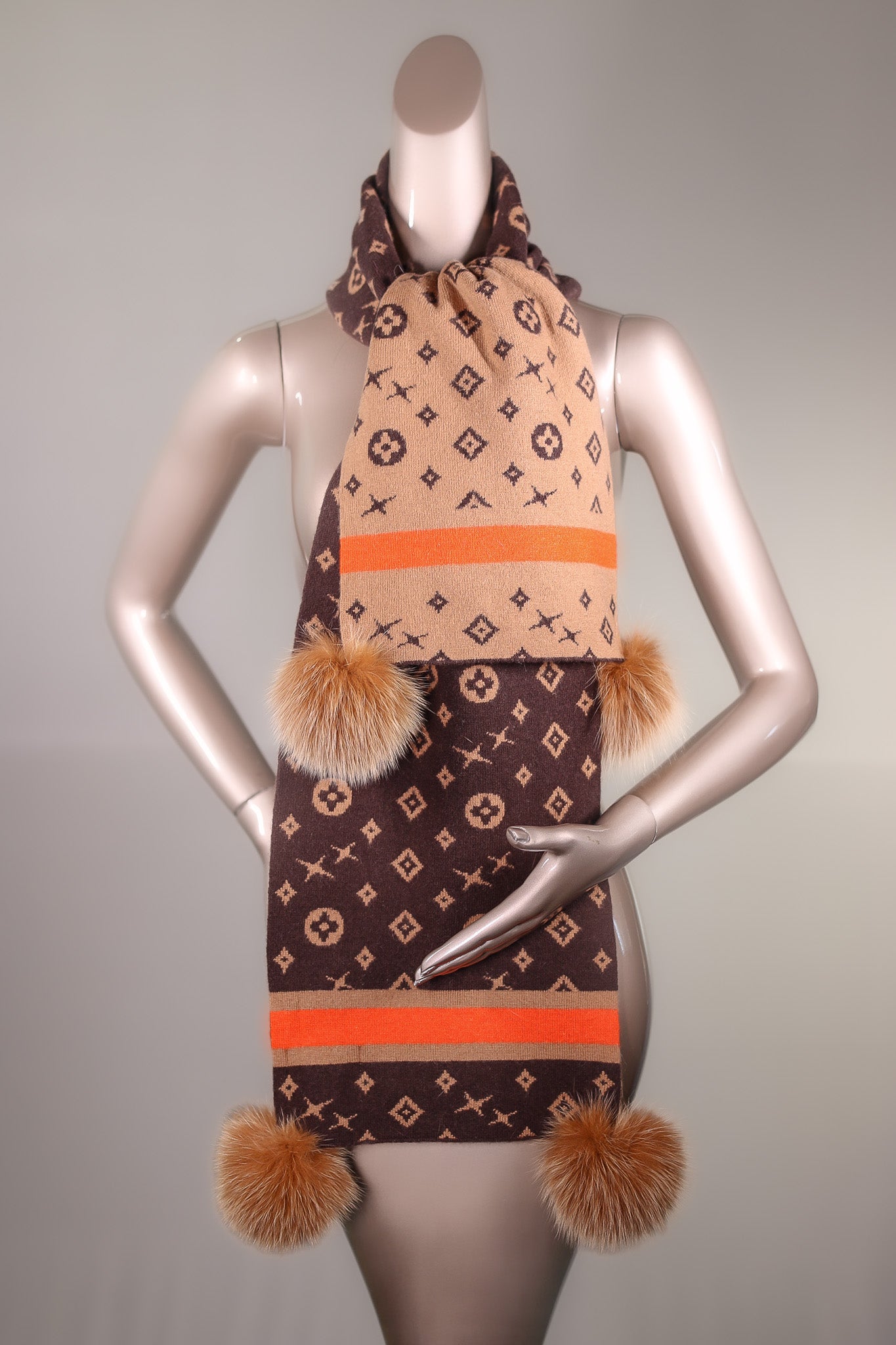 Two-Tone Louis Vuitton-Inspired Wool Scarf with Fox Pom-Pom