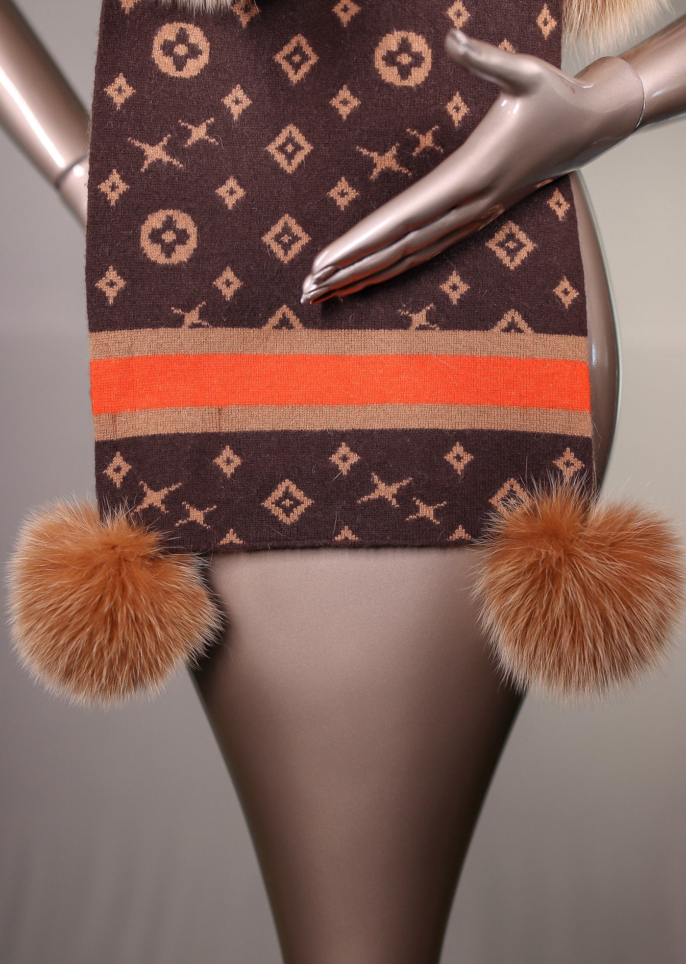 Two-Tone Louis Vuitton-Inspired Wool Scarf with Fox Pom-Pom