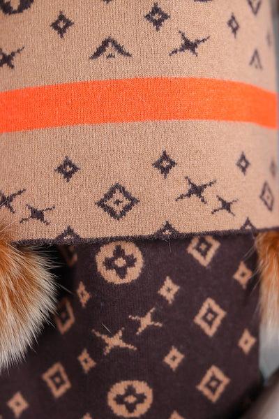 Two-Tone Louis Vuitton-Inspired Wool Scarf with Fox Pom-Pom