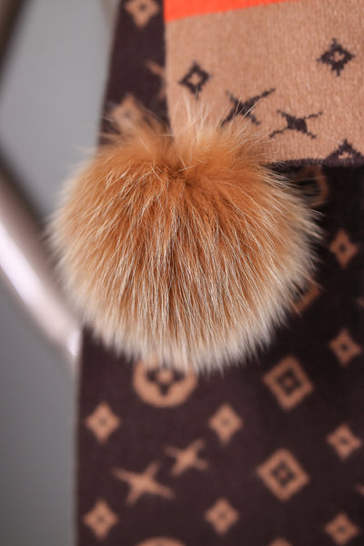 Two-Tone Louis Vuitton-Inspired Wool Scarf with Fox Pom-Pom