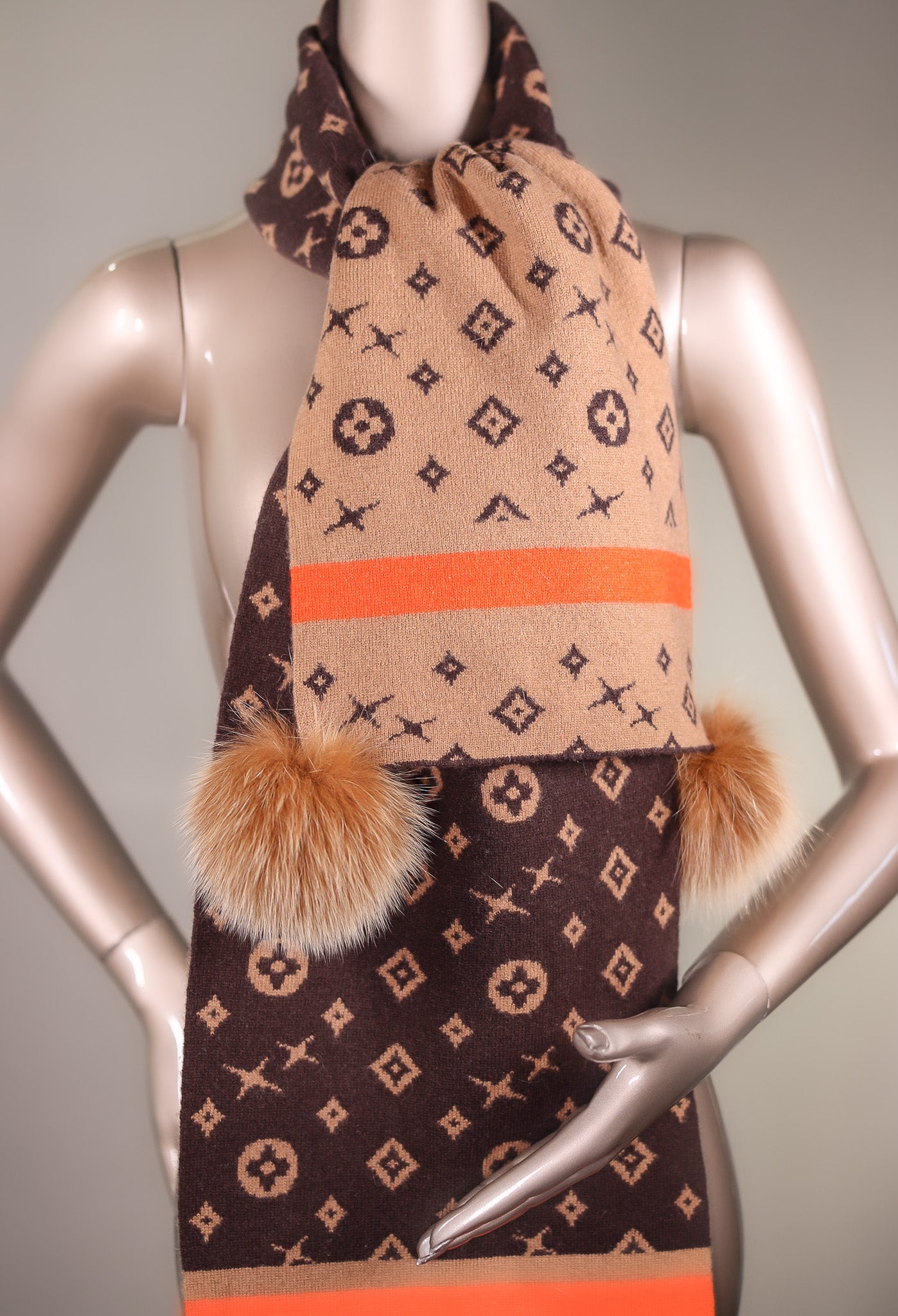 Two-Tone Louis Vuitton-Inspired Wool Scarf with Fox Pom-Pom
