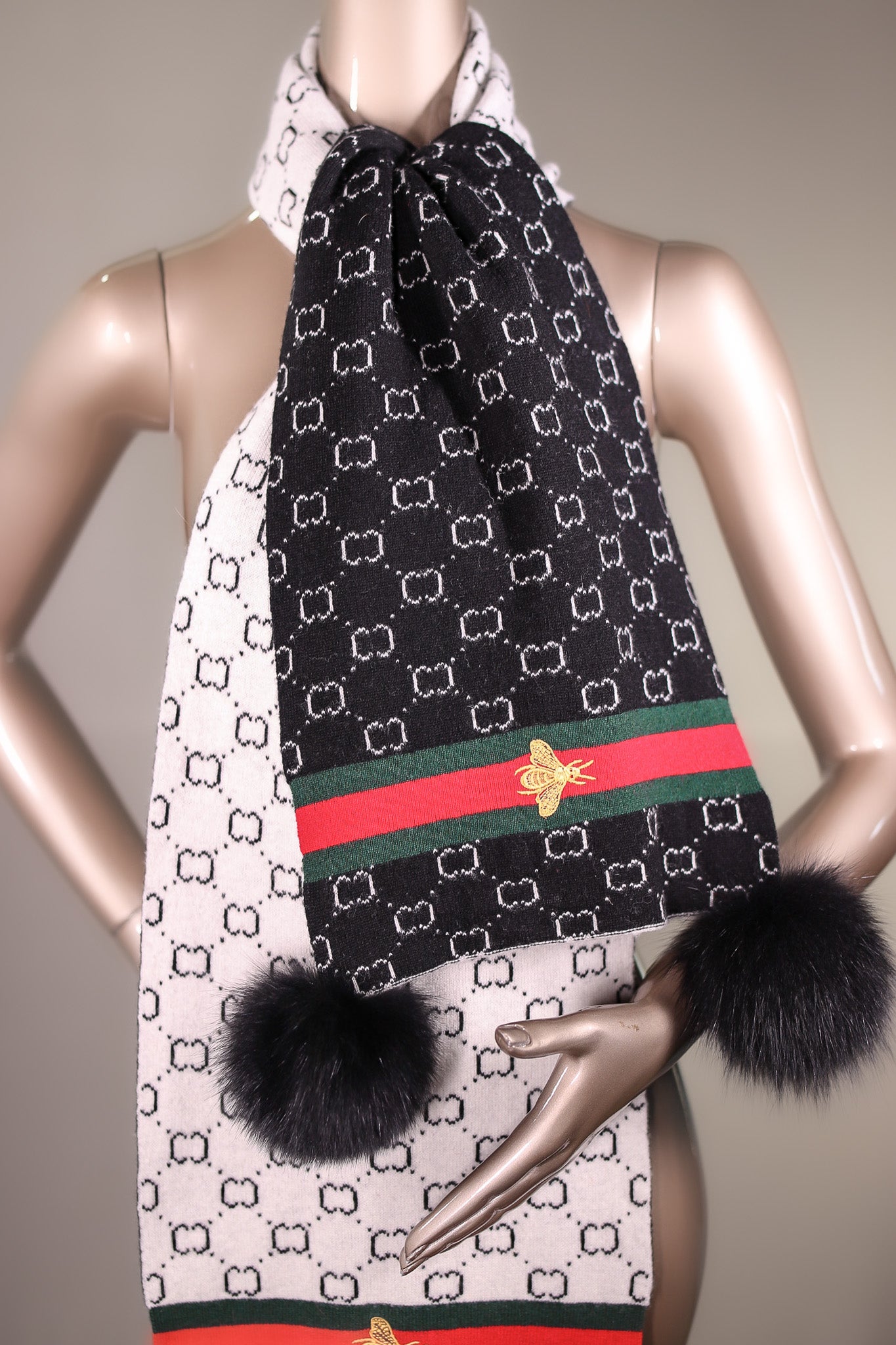 Two-Tone Wool Gucci-Inspired Monogrammed Scarf with Fox Pom