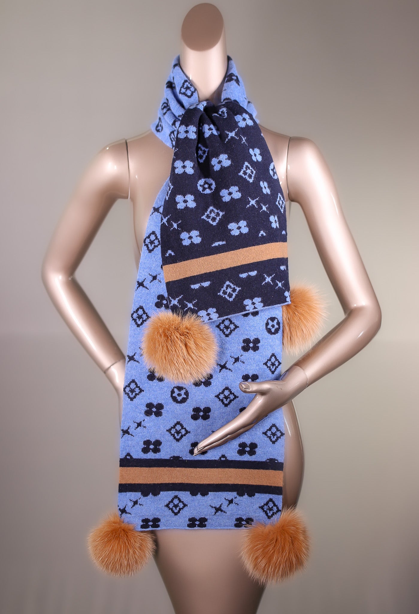 Two-Tone Louis Vuitton-Inspired Wool Scarf with Fox Pom-Pom