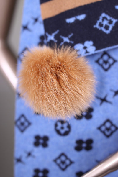 Two-Tone Louis Vuitton-Inspired Wool Scarf with Fox Pom-Pom