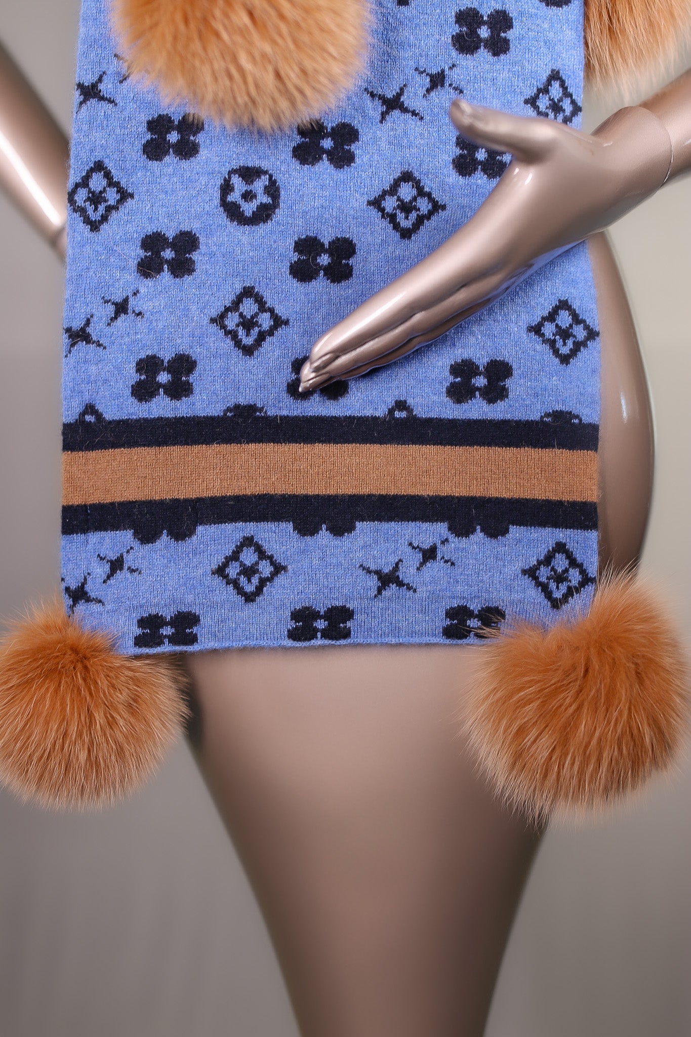 Two-Tone Louis Vuitton-Inspired Wool Scarf with Fox Pom-Pom