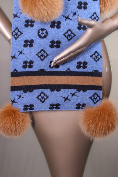Two-Tone Louis Vuitton-Inspired Wool Scarf with Fox Pom-Pom