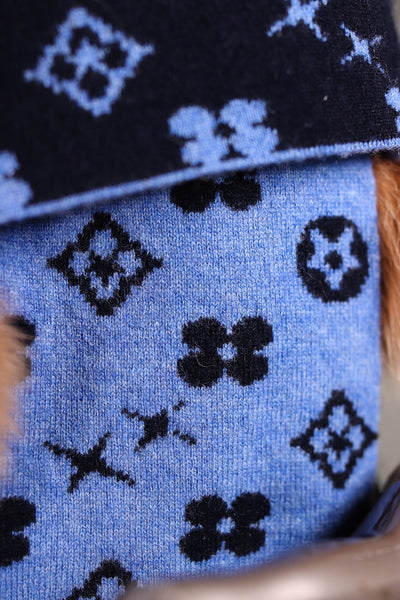 Two-Tone Louis Vuitton-Inspired Wool Scarf with Fox Pom-Pom