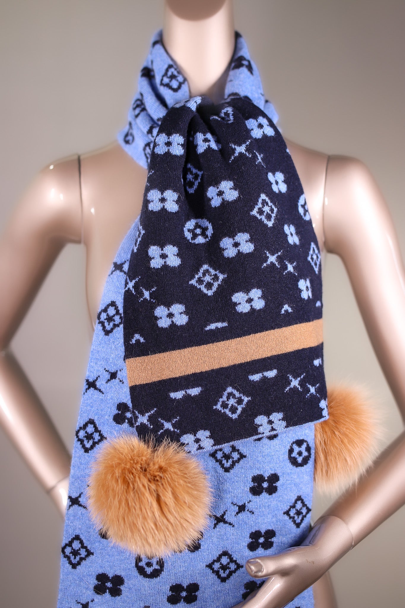 Two-Tone Louis Vuitton-Inspired Wool Scarf with Fox Pom-Pom