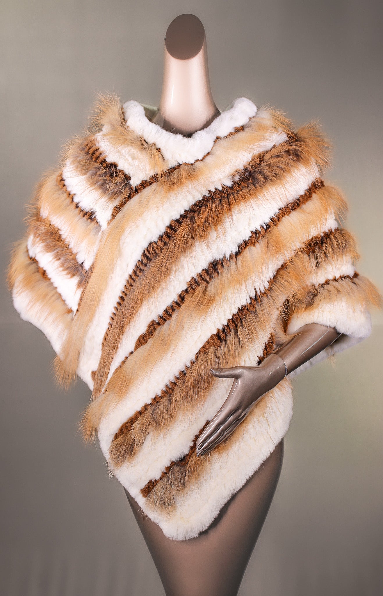 Knitted Contrasting Chinchilla Rex Poncho with Fox Stripes