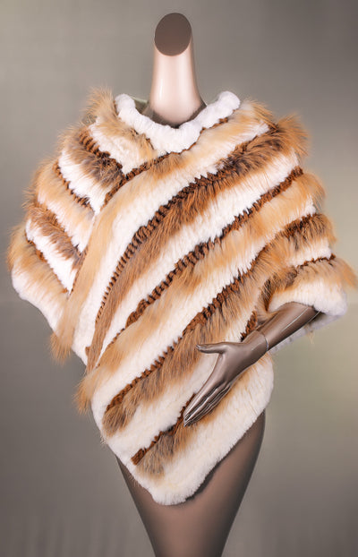 Knitted Contrasting Chinchilla Rex Poncho with Fox Stripes