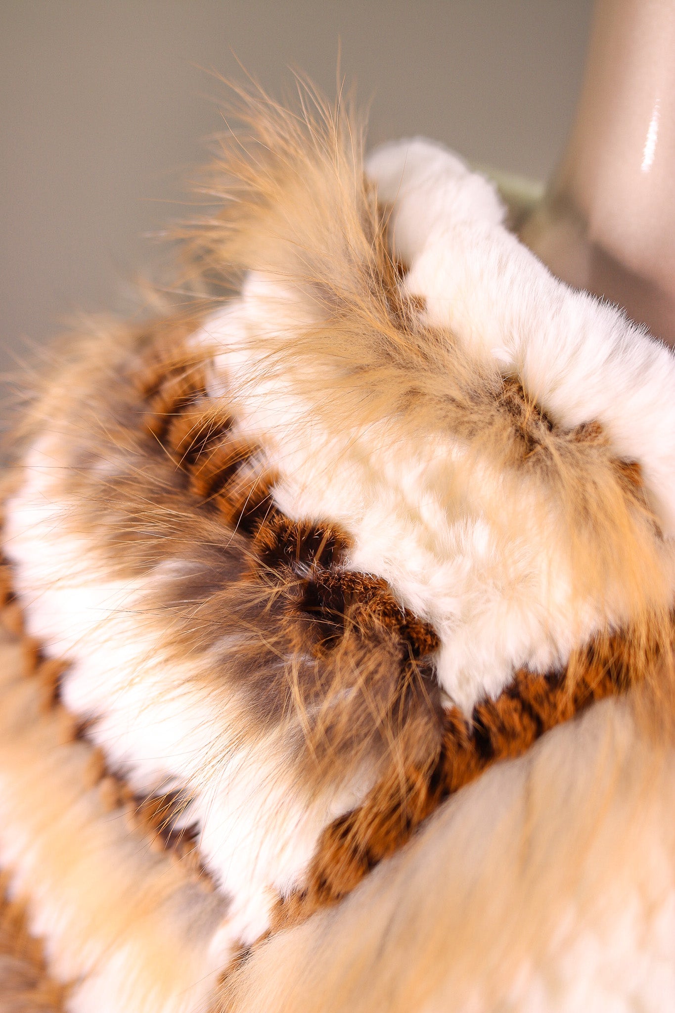 Knitted Contrasting Chinchilla Rex Poncho with Fox Stripes