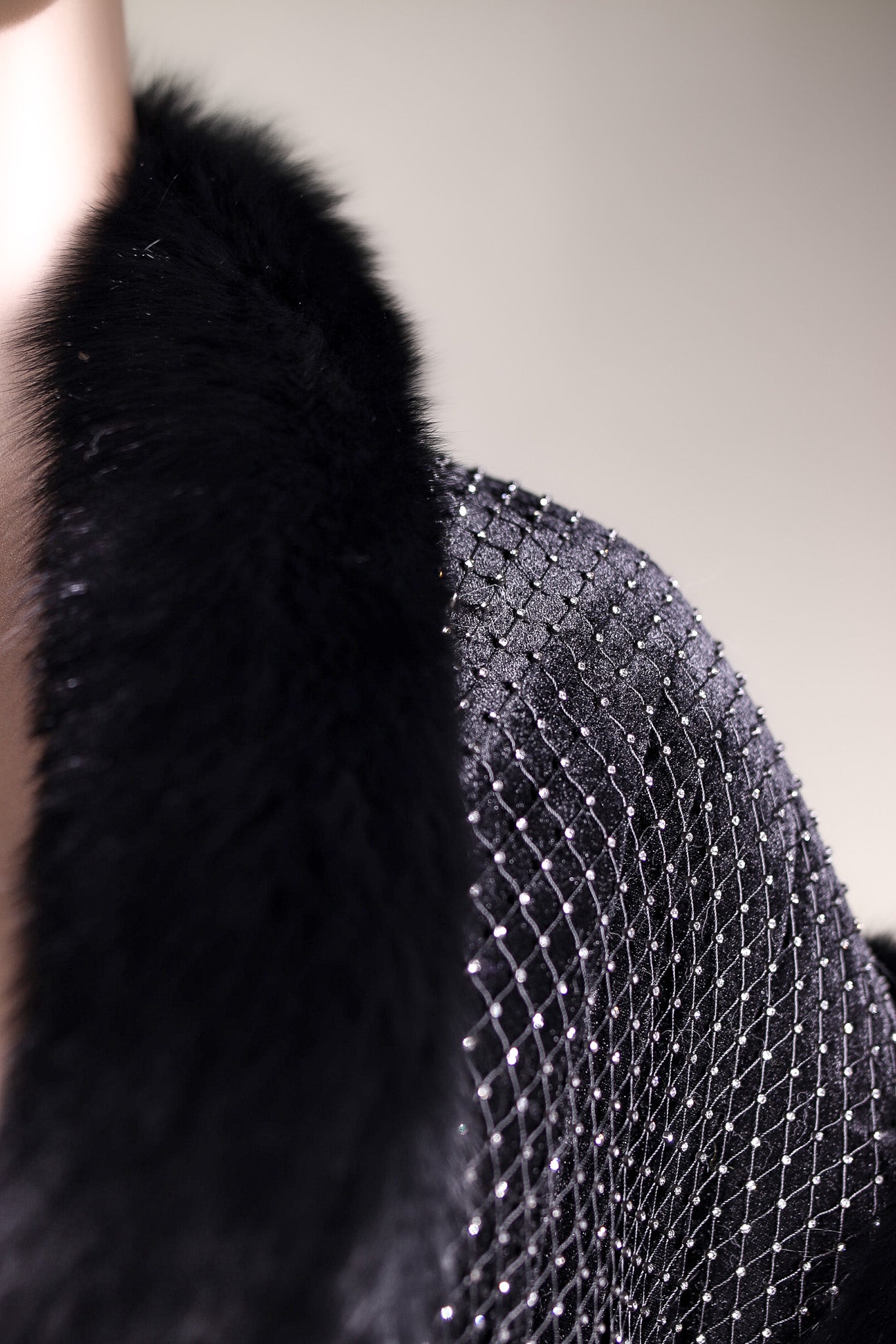 Velvet and Rhinestone-Netting Cape with Fox Trimming