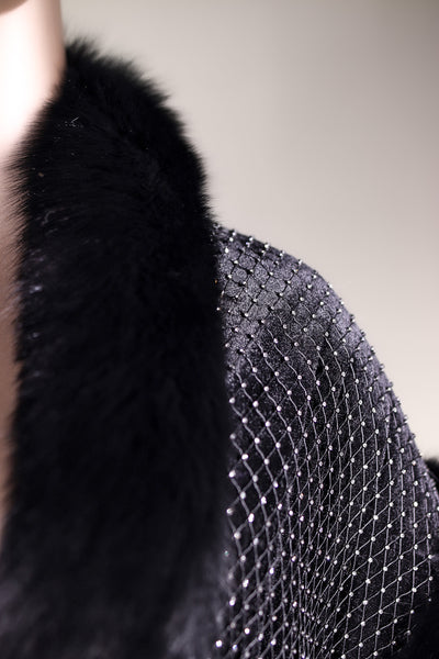 Velvet and Rhinestone-Netting Cape with Fox Trimming