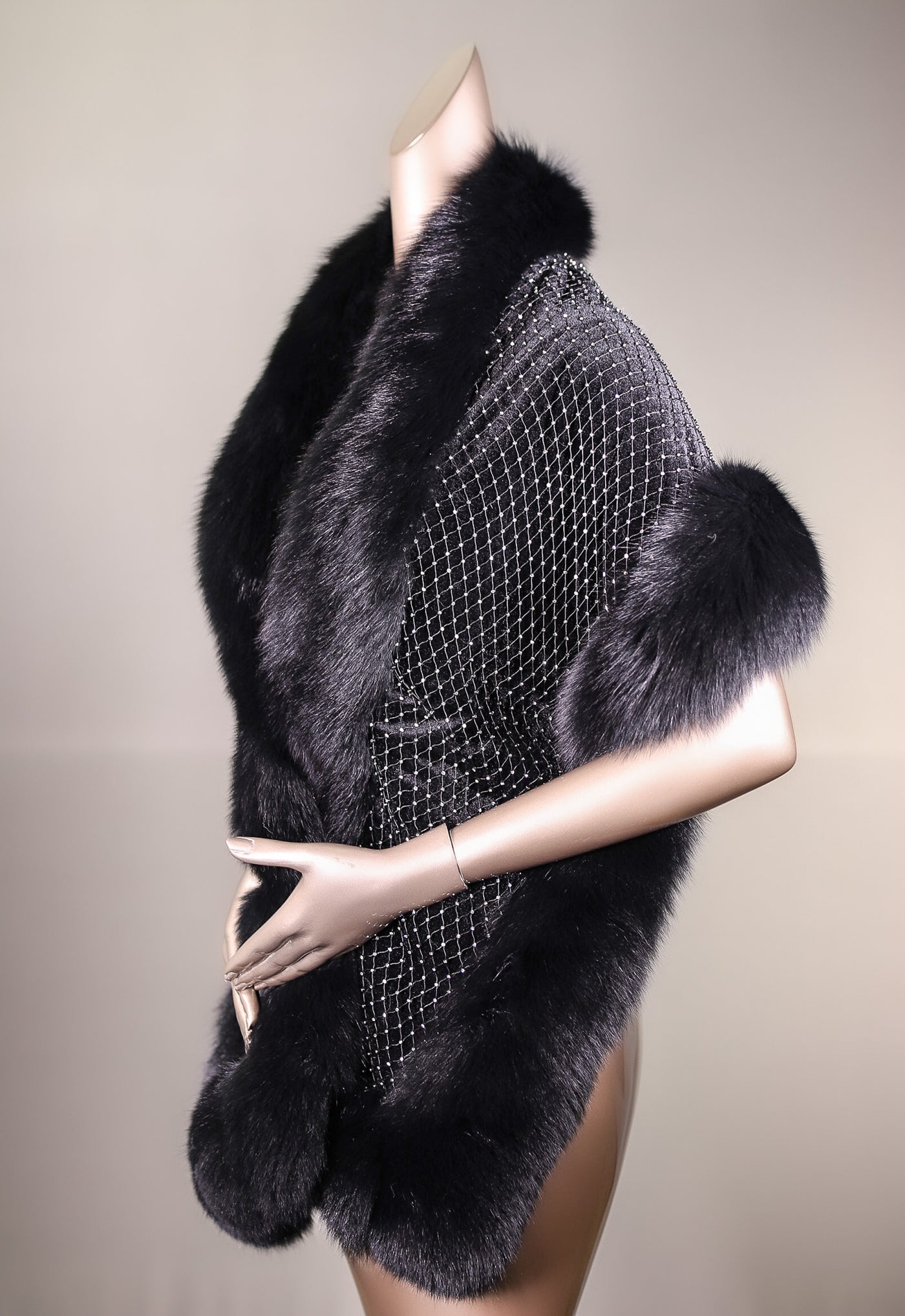 Velvet and Rhinestone-Netting Cape with Fox Trimming