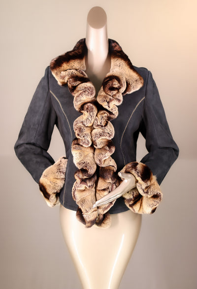 Fitted Shearling Jacket with Chinchilla Rex Rabbit Ruffle Trim