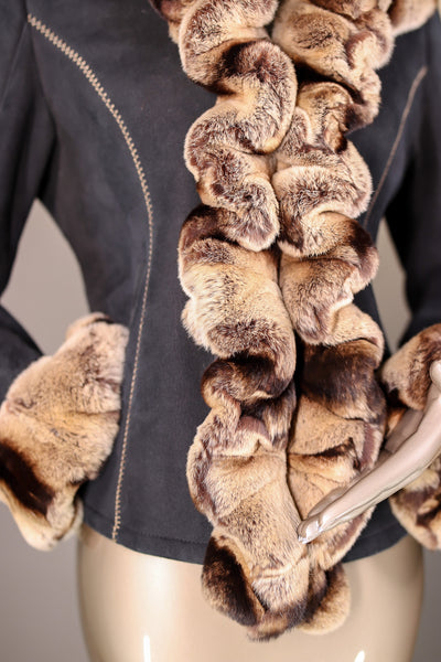 Fitted Shearling Jacket with Chinchilla Rex Rabbit Ruffle Trim