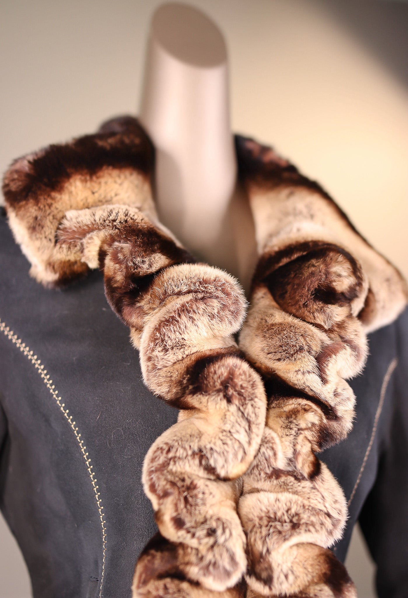 Fitted Shearling Jacket with Chinchilla Rex Rabbit Ruffle Trim