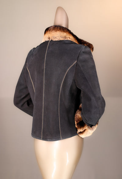 Fitted Shearling Jacket with Chinchilla Rex Rabbit Ruffle Trim