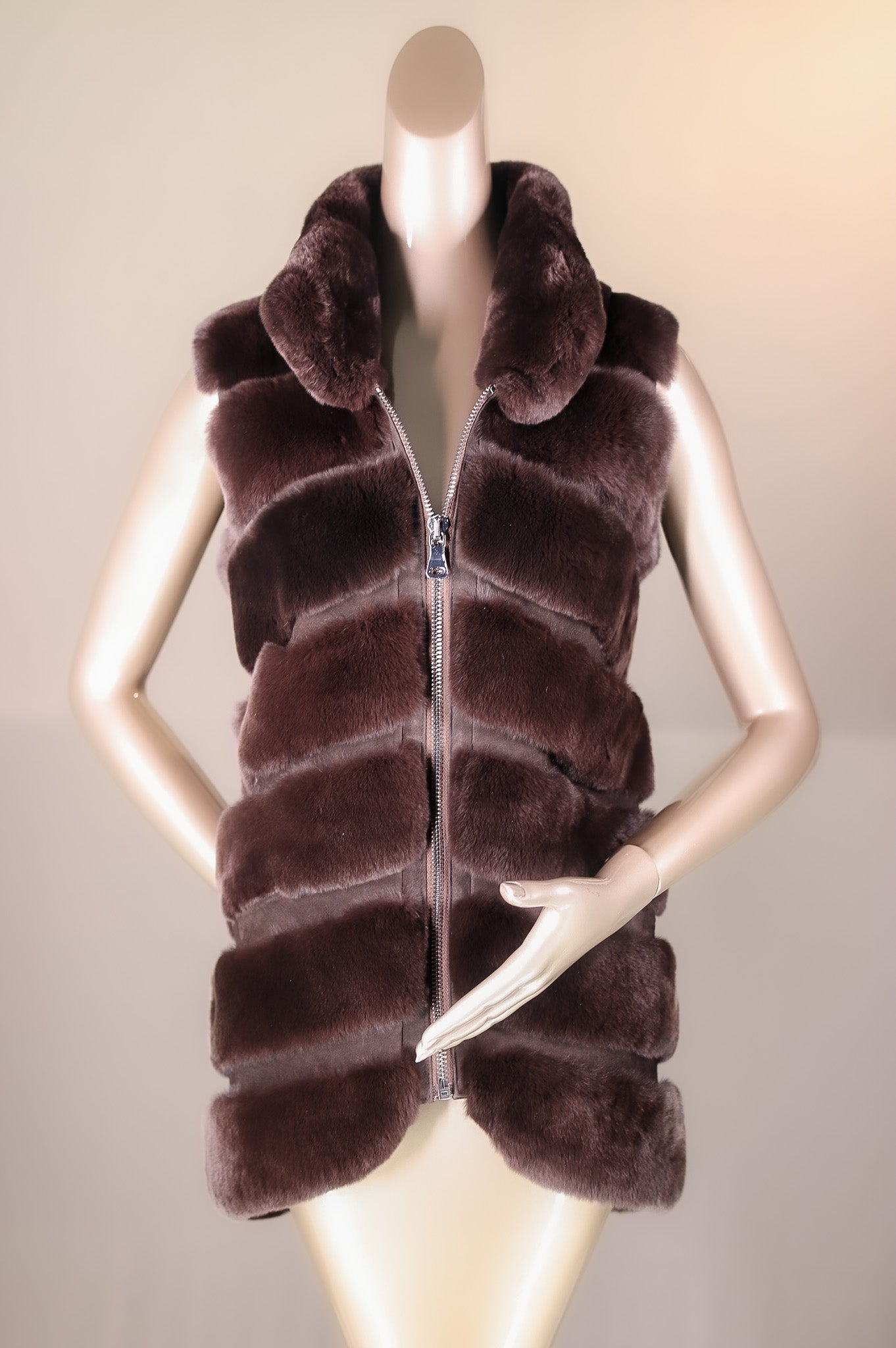 Chevron-Cut Chinchilla Rex Rabbit Long Vest