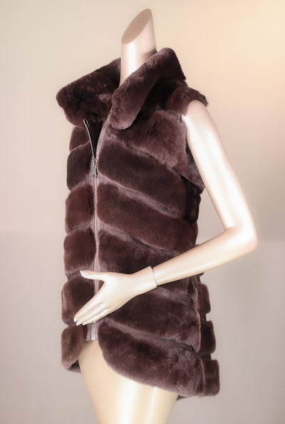Chevron-Cut Chinchilla Rex Rabbit Long Vest