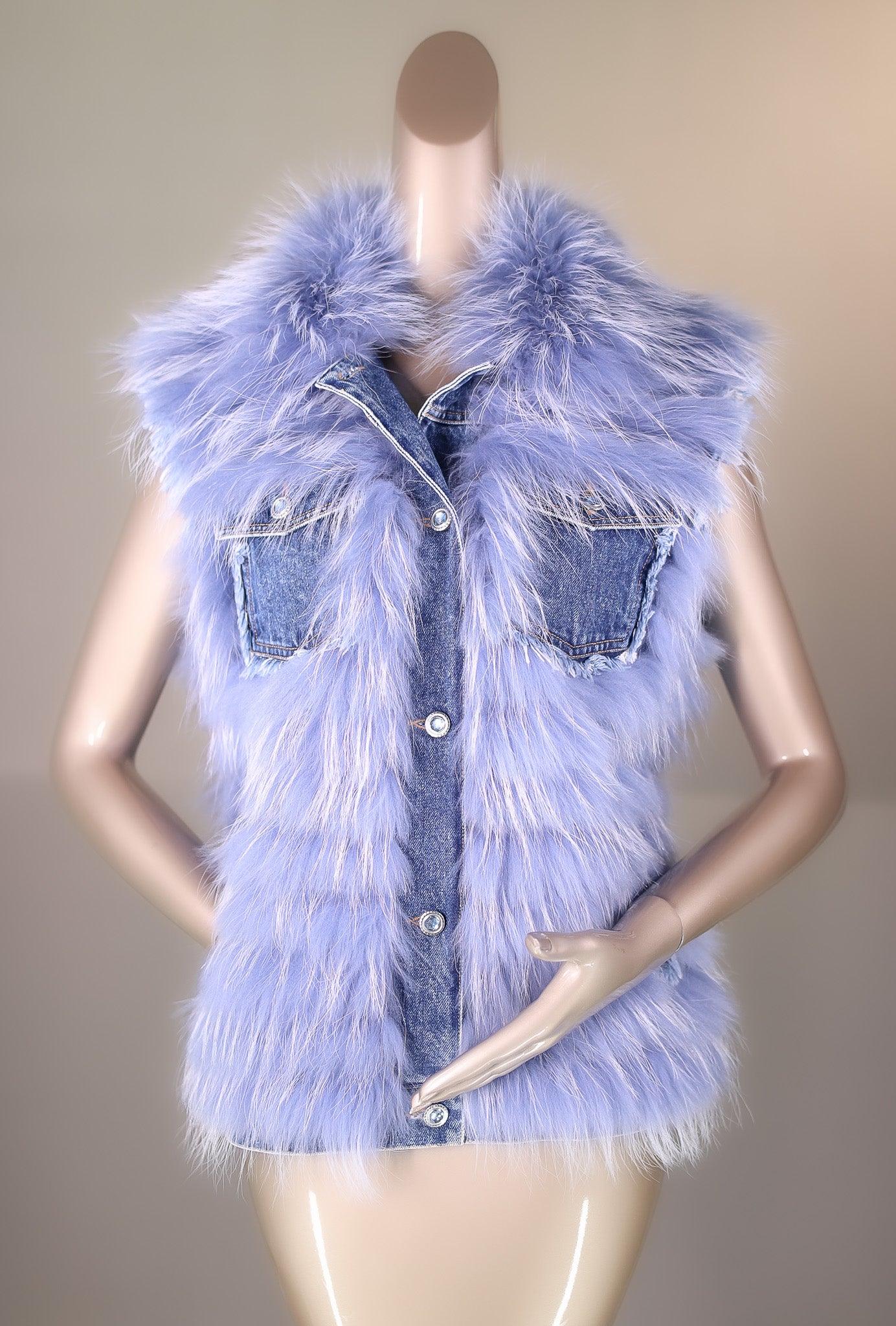 Denim Vest with Dyed Feathered Finn Raccoon